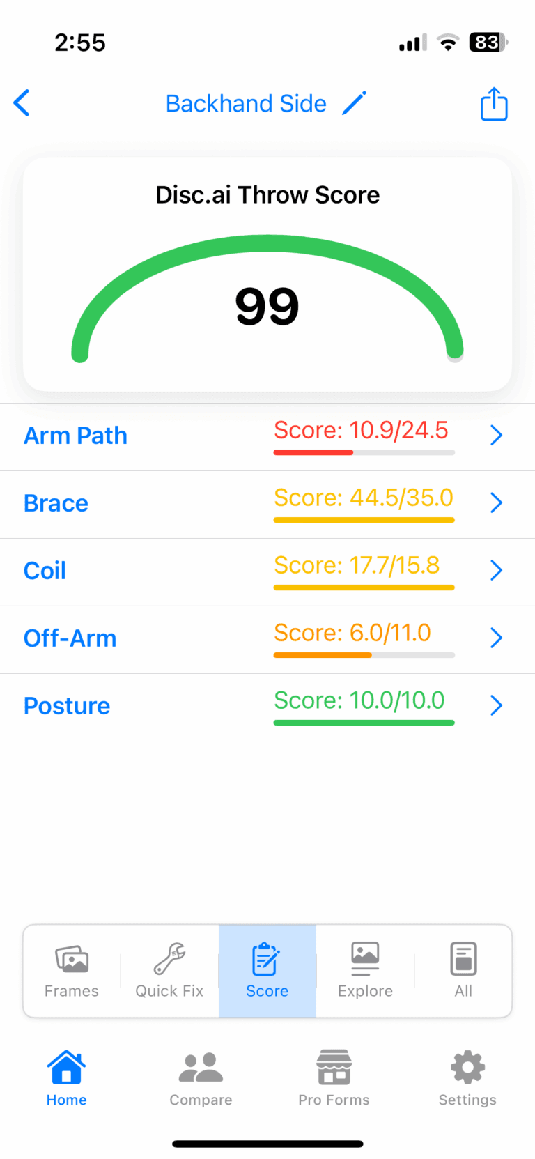 Disc-i throw score screen with a breakdown by arm path, brace, coil, off-arm, and posture